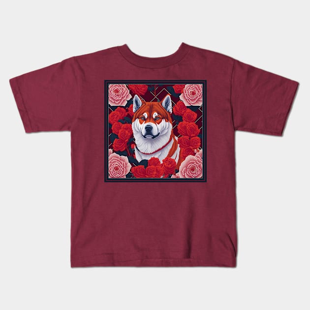 Dogs, akita inu and flowers, dog, style vector (red version akita-inu, hachi) Kids T-Shirt by xlhombat